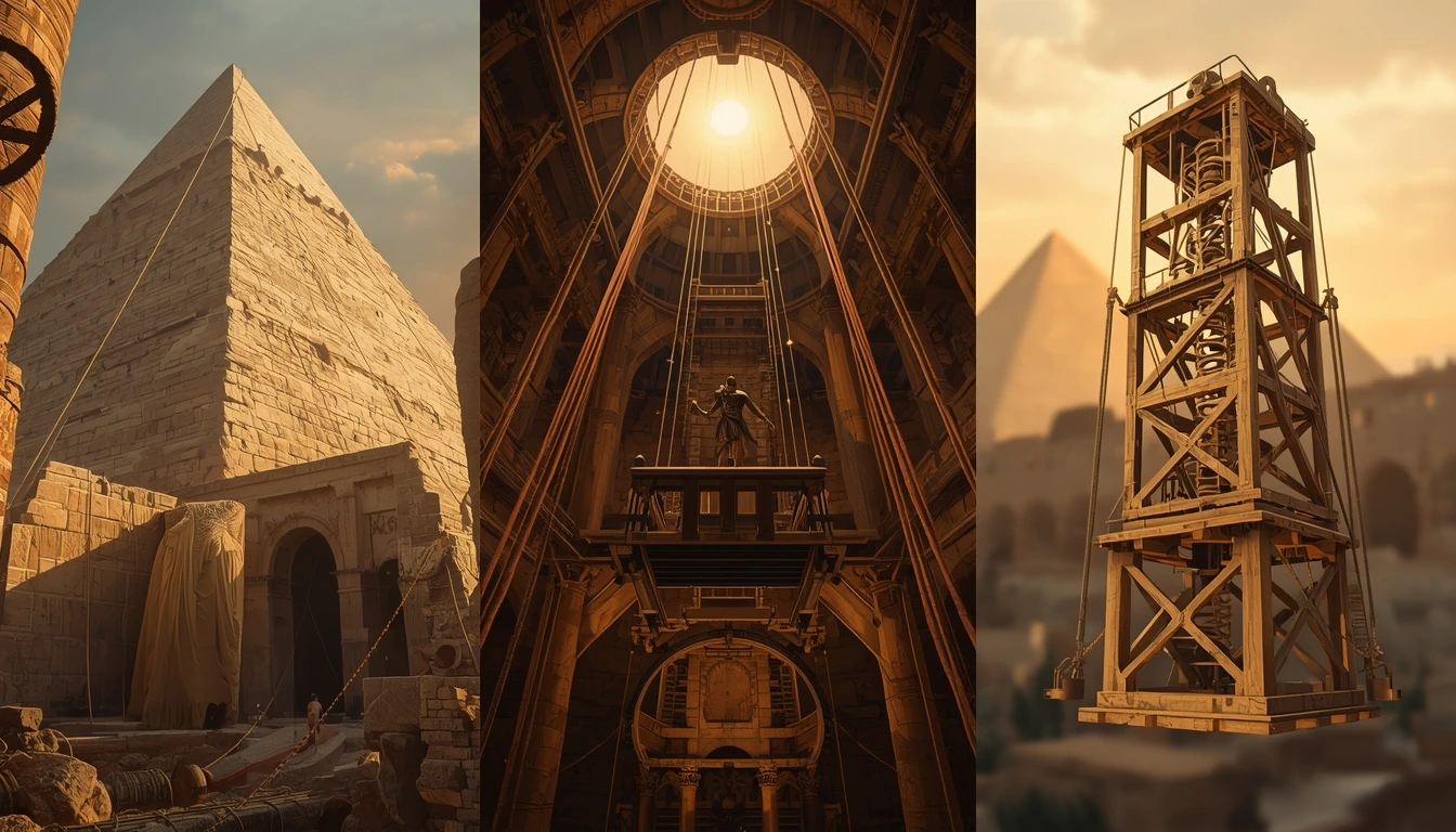 سیستم طناب و قرقره برای بالابردن سنگ در مصر باستان - تاریخچه آسانسور